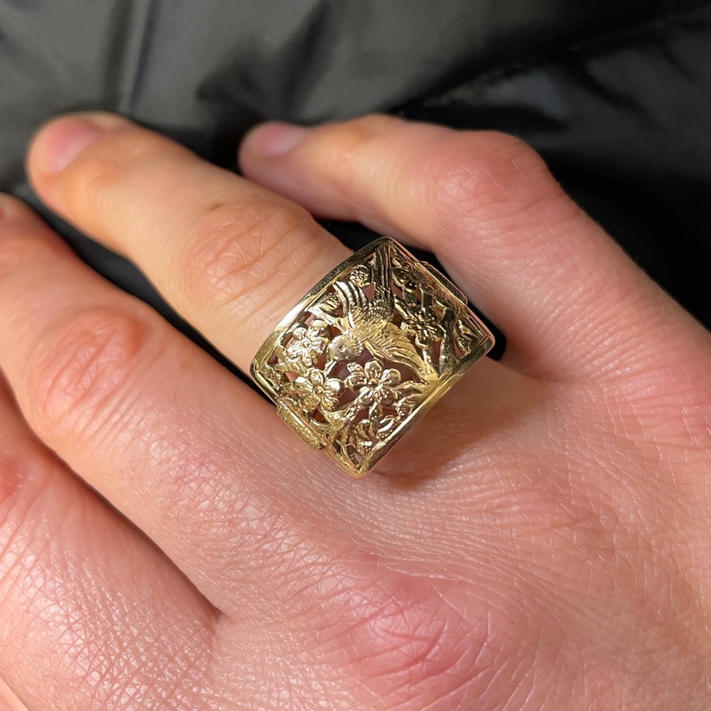 Ming’s Hawaii Bird on a Plum Blossom Tree Cutout 14K Square Ring - Picture 1 of 11